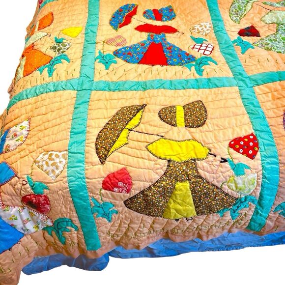 Rare Vintage 40’s Parasol Ladies Sun Bonnet Hand Stitched Quilt Twin 97x53 - Picture 2 of 8